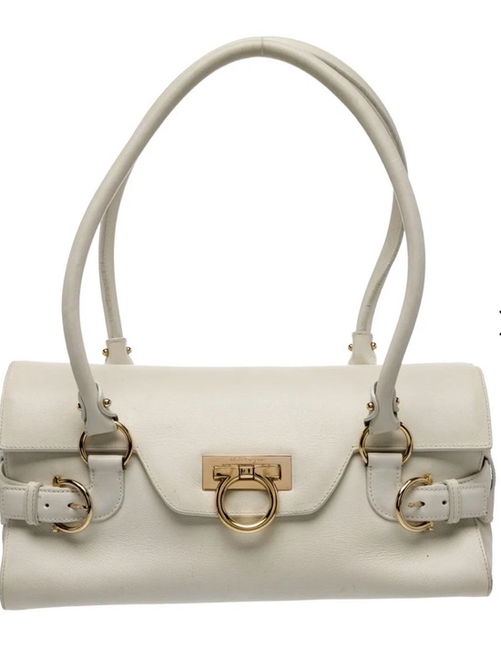 Salvatore Ferragamo Handbags - Salvatore Ferragamo Cream Leather Shoulder Bag with Gold Hardware